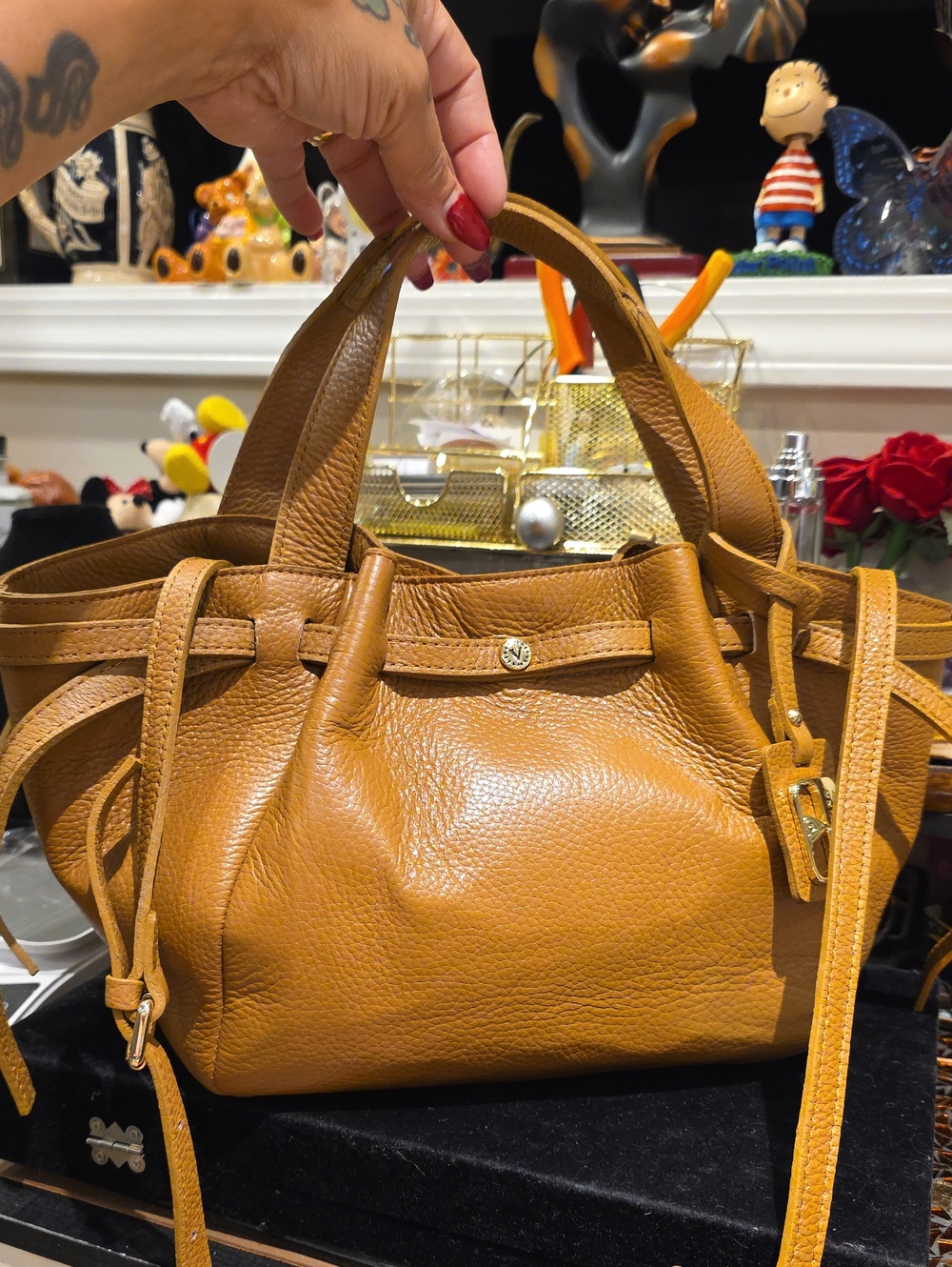 Valentina Pebbled Leather Satchel in Tan